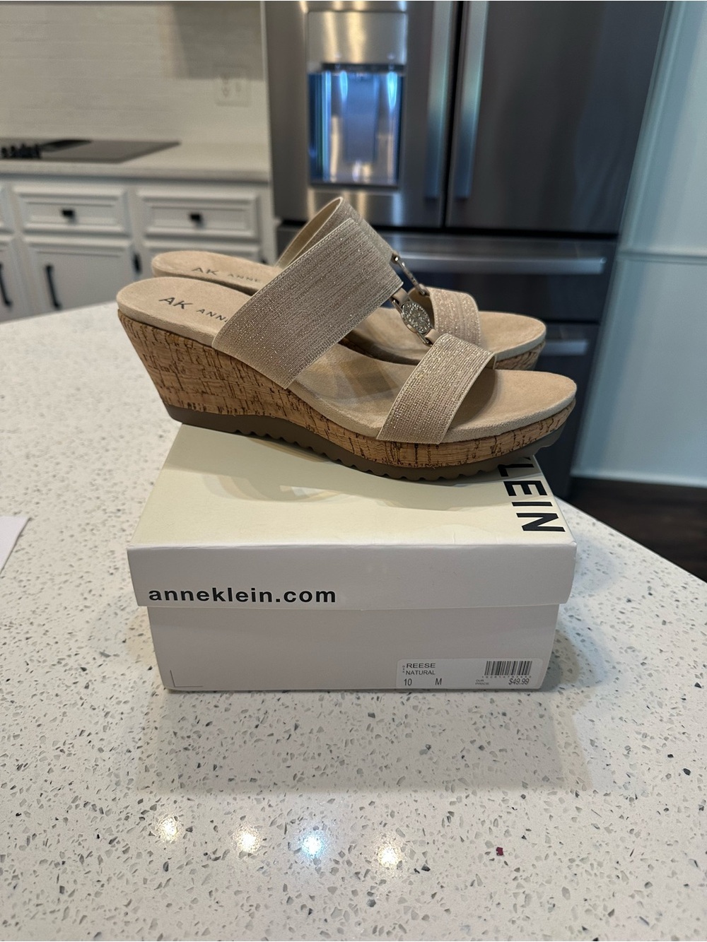 Anne Klein Natural Beige Cork Wedge Sandals with Elastic Straps
